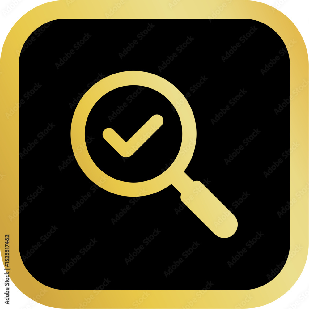 Gold Search with Checkmark Icon Square Rounded Icon with Golden and Black Luxury Gold Search with Checkmark Icon Square Rounded Icon with Golden and Black Luxury