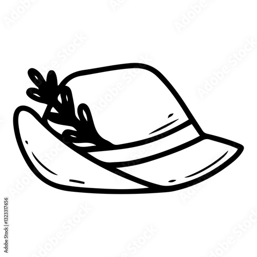 Tyrolean hat. Hand drawn doodle. Traditional Bavarian headdress. Oktoberfest festival costume. Head wear. Alpine accessory. Vector line art illustration.