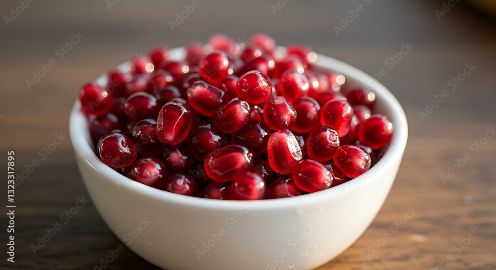 A small bowl filled with juicy, red pomegranate seeds. A small bowl filled with juicy, red pomegranate seeds.