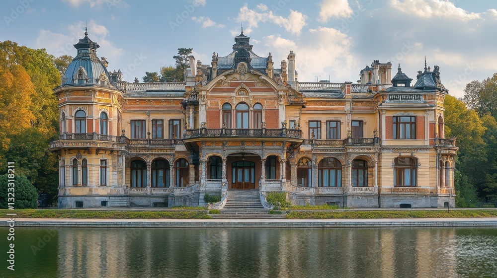 Fototapeta premium Grand historic european mansion with ornate architecture and lake reflection