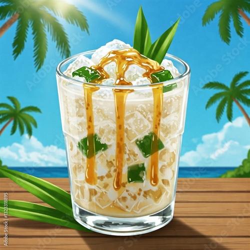 Illustration depicting a glass of fresh drink made from coconut with added sugar and fresh fruit jelly, suitable as a menu for breaking the fast.