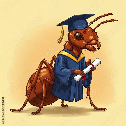 Illustration of an ant wearing a graduation gown complete with a toga on his head.