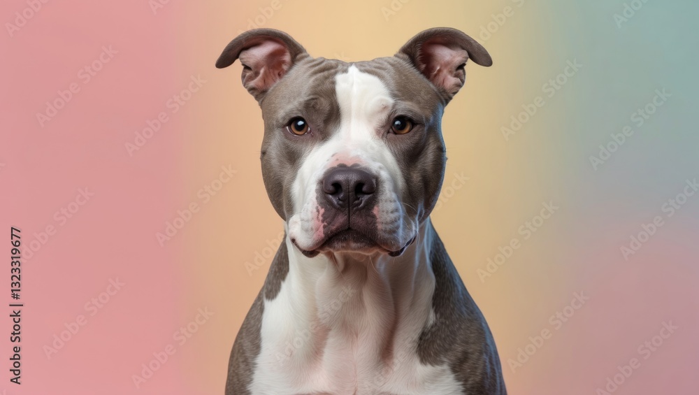 Pit bull terrier with gray and white coat centered on a smooth pastel background featuring soft gradient hues of pink and green. Pit bull terrier with gray and white coat centered on a smooth pastel background featuring soft gradient hues of pink and green.