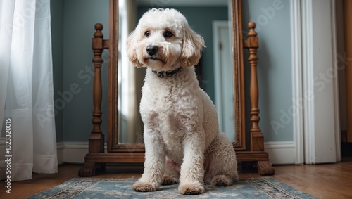 Curly-haired white dog sitting on blue area rug in front of wooden mirror reflecting soft light from window with neutral walls surrounding.
