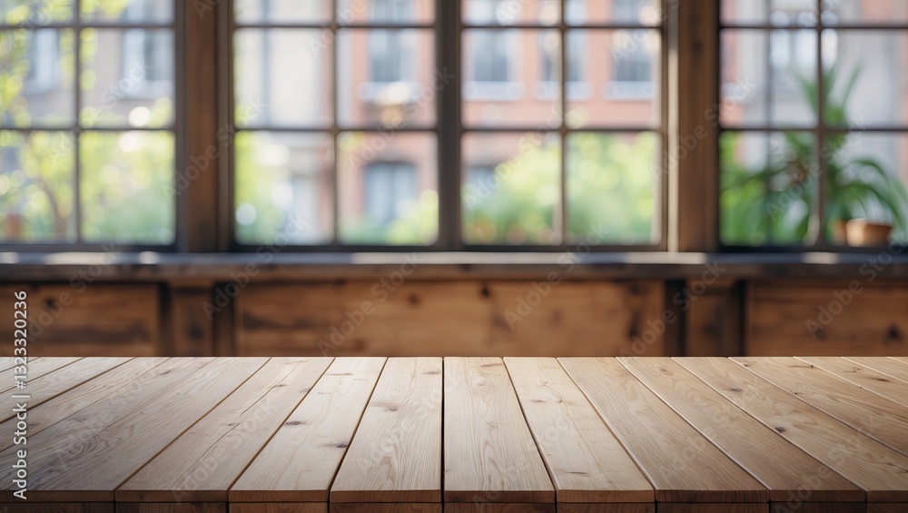 Empty wooden table with horizontal planks positioned at the forefront, soft blurred window background featuring greenery and natural light. Empty wooden table with horizontal planks positioned at the forefront, soft blurred window background featuring greenery and natural light.