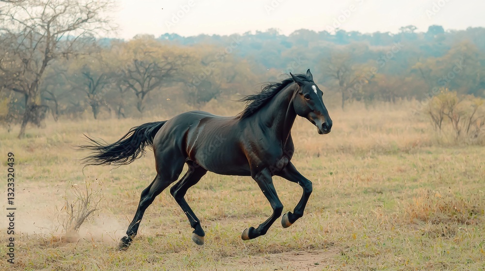 Galloping black horse in an open field nature photography serene environment dynamic viewpoint Galloping black horse in an open field nature photography serene environment dynamic viewpoint