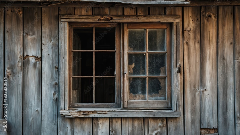 Rustic wooden wall with an aged window featuring cracked panes in brown tones creating a sense of decay and offering ample copy space. Rustic wooden wall with an aged window featuring cracked panes in brown tones creating a sense of decay and offering ample copy space.