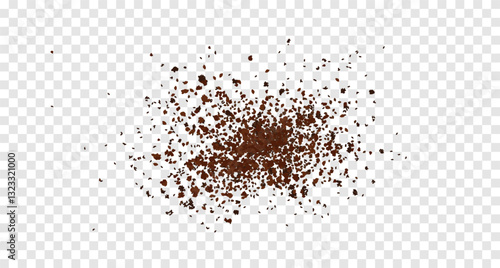 Scattering of coffee or chocolate pieces. Ground coffee or cocoa beans. Realistic 3d vector illustration isolated on transparent background.
