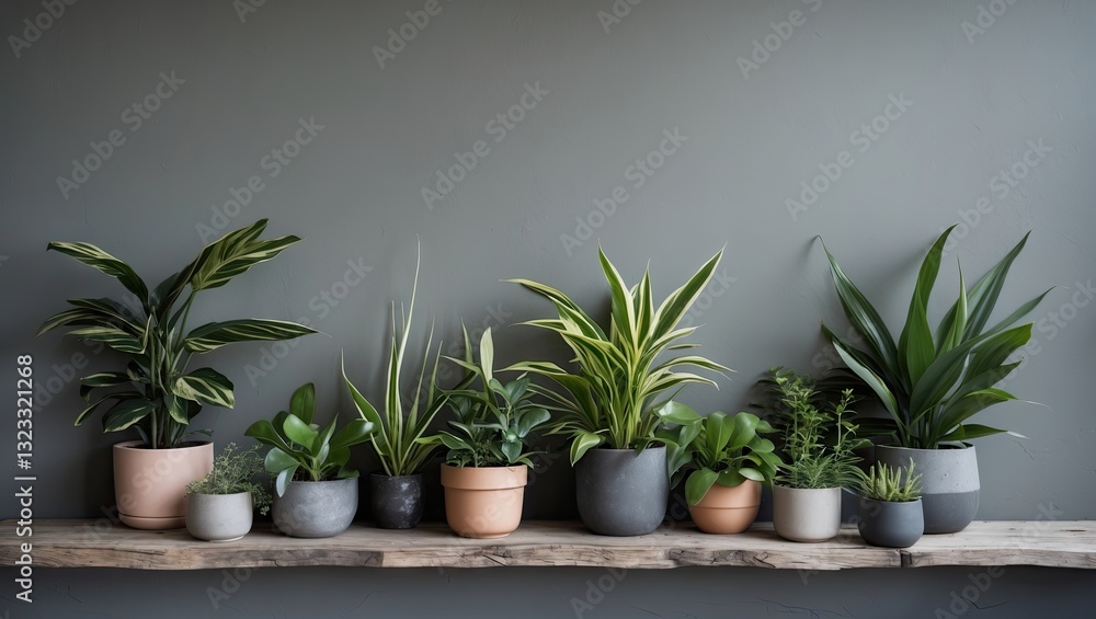 Obraz premium Indoor plants in various pots arranged on a wooden shelf against a gray wall, featuring green foliage and neutral tones for a cozy aesthetic.