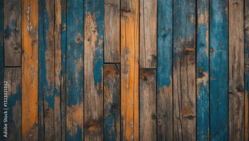 Naklejka premium Colorful vertical wooden planks in shades of blue, brown, and orange arranged in a rustic grunge texture background suitable for design use