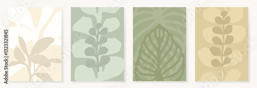 Set of abstract foliage poster vector. Leaves, flower, organic shapes, earth tone colors, leaf branch. Illustration design for Eco packaging, interior, cover, wall art, wallpaper.