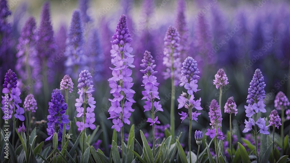 Obraz premium Vibrant field of purple flowers showcasing various shades from deep violet to soft lavender, densely arranged with lush green leaves in foreground.