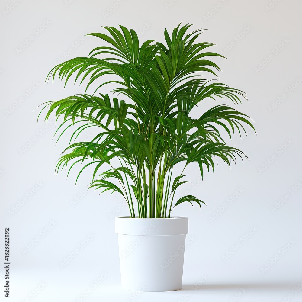 Fototapeta premium Vibrant green palm plant in white pot against a minimalist background