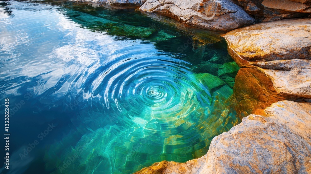 Fototapeta premium A tranquil pool of clear water surrounded by rocks, featuring ripples that create a serene atmosphere.