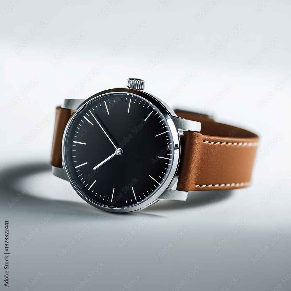 Close-up of luxury minimalist wristwatch with leather strap on white background. Time concept. Lifestyle, elegance, modern, style. Close-up of luxury minimalist wristwatch with leather strap on white background. Time concept. Lifestyle, elegance, modern, style.