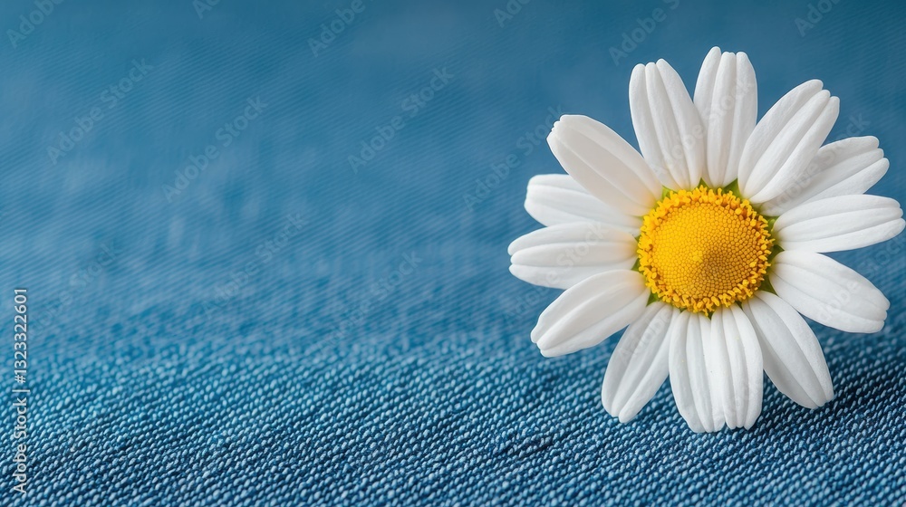 Obraz premium A close-up of a white daisy flower resting on a textured blue fabric, highlighting the contrast between the flower and the background.
