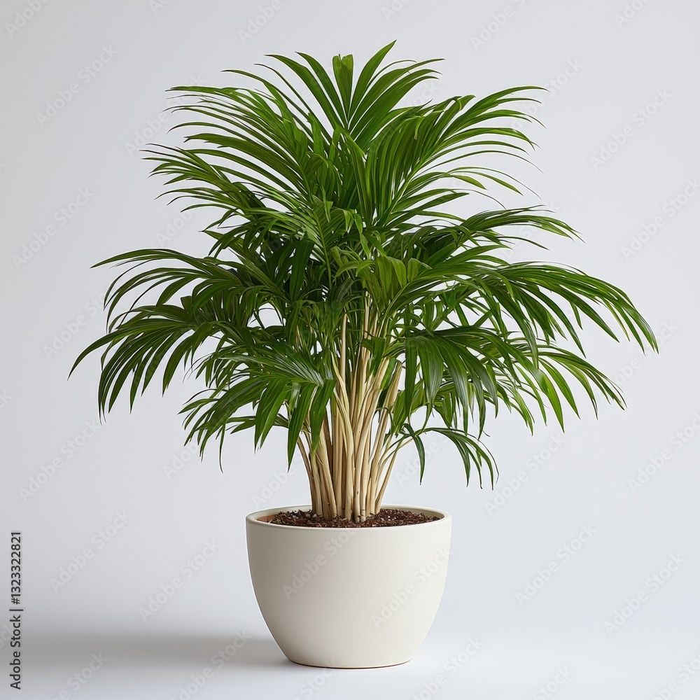 Obraz premium Vibrant green palm in a modern white pot on minimal background