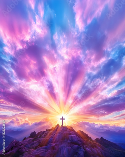 A cross atop a mountain peak, bathed in a vibrant sunrise
