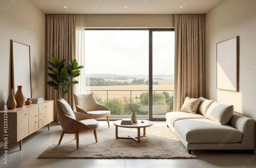 Fototapeta premium Elegant modern living room with scenic view through large window