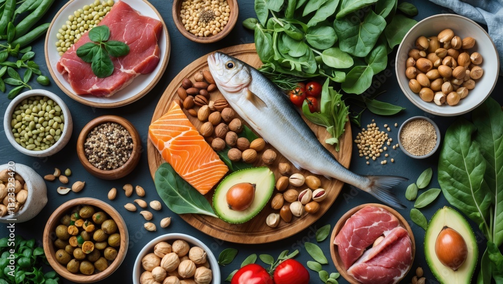 Nutritious food composition with fresh fish, salmon, vegetables, nuts, and seeds arranged on a wooden plate with green leaves and brown bowls Nutritious food composition with fresh fish, salmon, vegetables, nuts, and seeds arranged on a wooden plate with green leaves and brown bowls