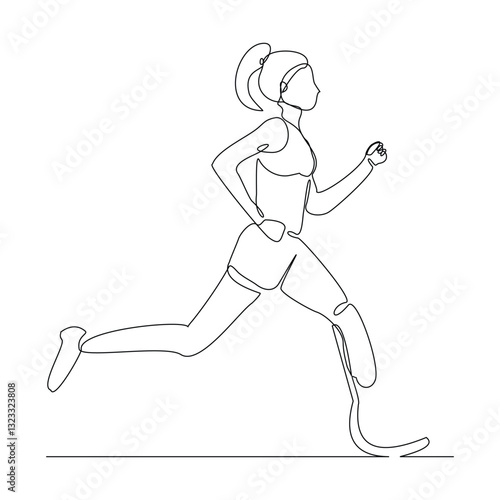 Continuous line of female amputee athlete runner with prosthetic legs run with motivation and passion competition. Single sketch drawing vector illustration 