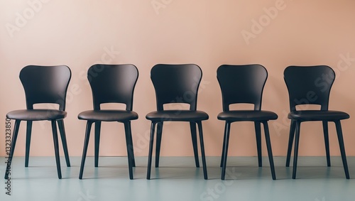 Fototapeta Naklejka Na Ścianę i Meble -  Five black chairs in a row against a soft pastel beige wall with a light blue floor providing ample copyspace for business presentations.