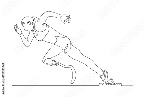 Continuous line of female amputee athlete runner with prosthetic legs run with motivation and passion competition. Single sketch drawing vector illustration 