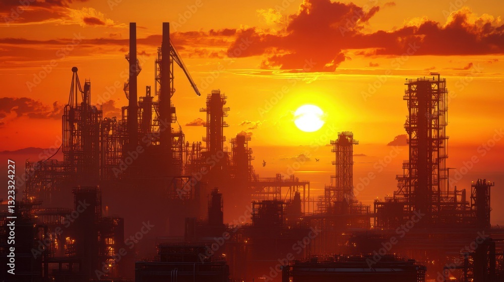 Obraz premium A futuristic factory with massive concrete pillars being installed at sunrise