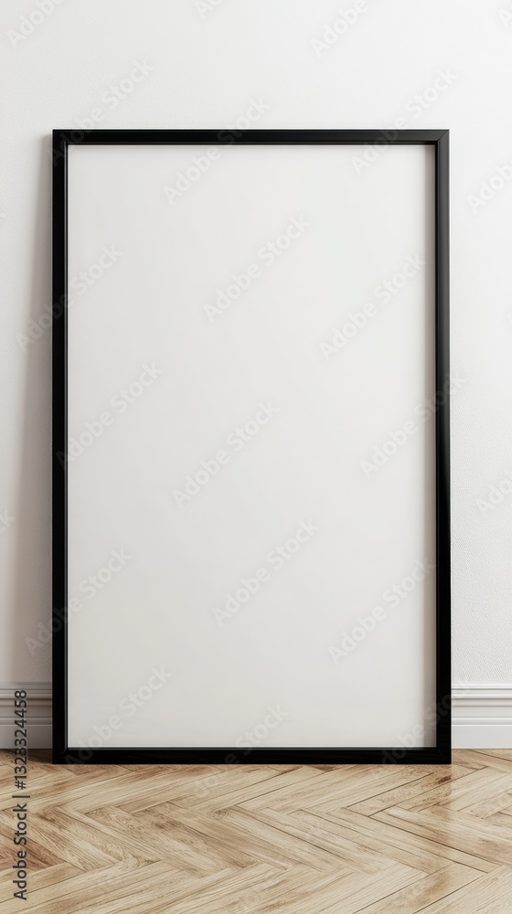 Eye-Level Portrait Frame Mockup Black Border, White Wall, Wood Floor. Minimalist Interior, Blank Canvas, Template, Design, Presentation, Art. Eye-Level Portrait Frame Mockup Black Border, White Wall, Wood Floor. Minimalist Interior, Blank Canvas, Template, Design, Presentation, Art.