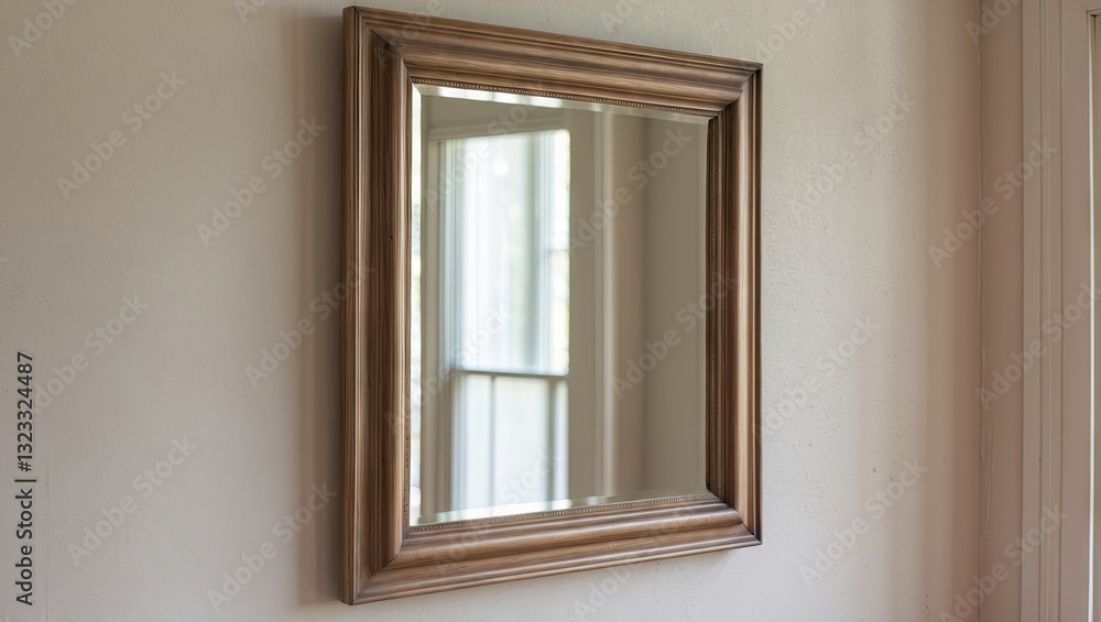 Fototapeta premium Framed rectangular mirror with ornate gold border mounted on a pale wall reflecting natural light from a nearby window.