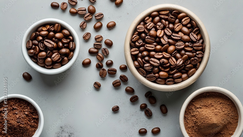 Bird's-eye view of light gray concrete surface featuring roasted coffee beans in white bowls with ground coffee scattered around, ample copyspace. Bird's-eye view of light gray concrete surface featuring roasted coffee beans in white bowls with ground coffee scattered around, ample copyspace.