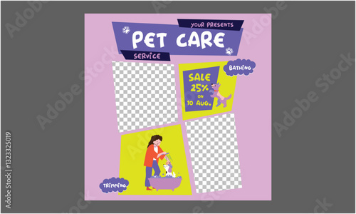 Pet Care Socials Media. Pet shop flyer template, Pet care, Pet sitting with dog and cat illustration