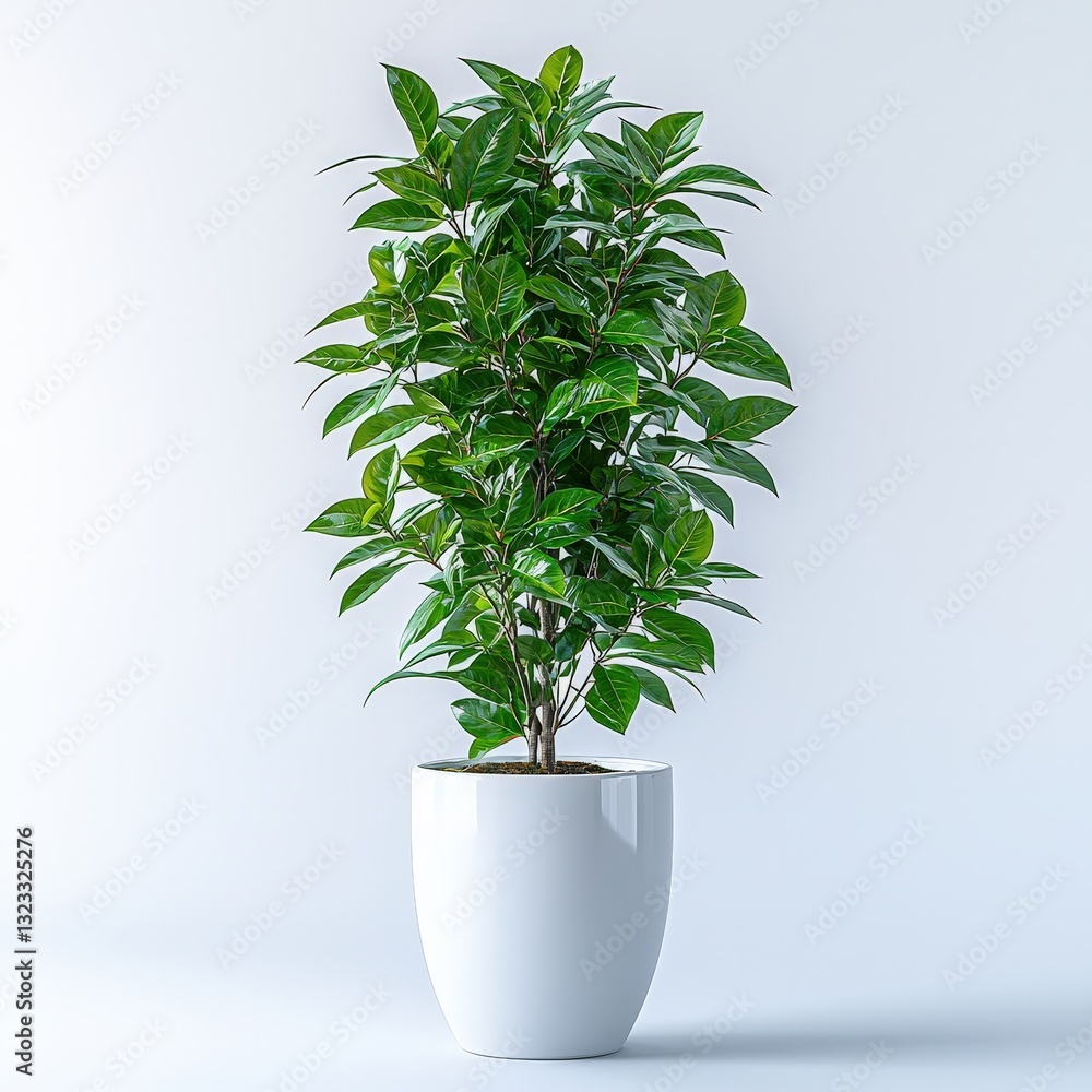 Fototapeta premium Lush green indoor potted plant in modern minimalist white pot on light background