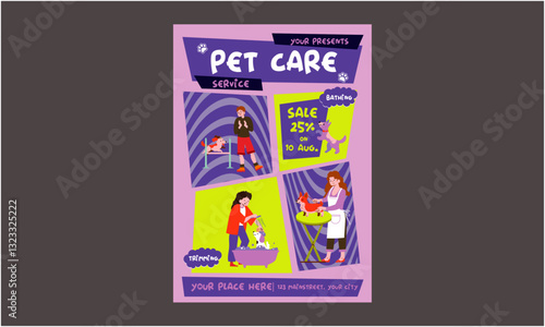 Pet Care Service Flyer. Pet shop flyer template, Pet care, Pet sitting with dog and cat illustration