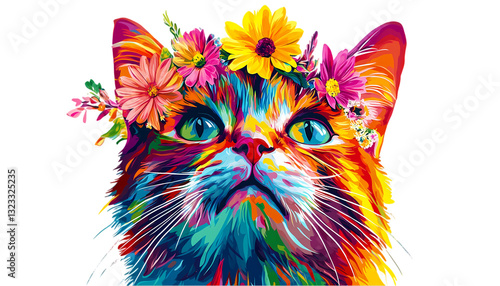 Rainbow Cat with Flowers Colorful Pet Art on transparent background