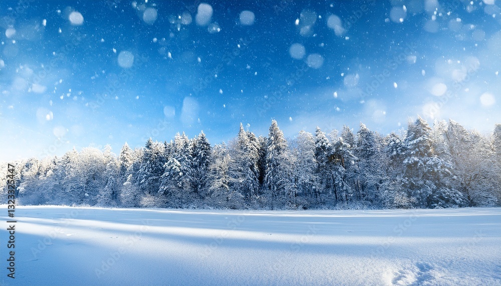 Fototapeta premium beautiful winter background of snow and blurred forest in background gently falling snow flakes against blue sky wide panorama format