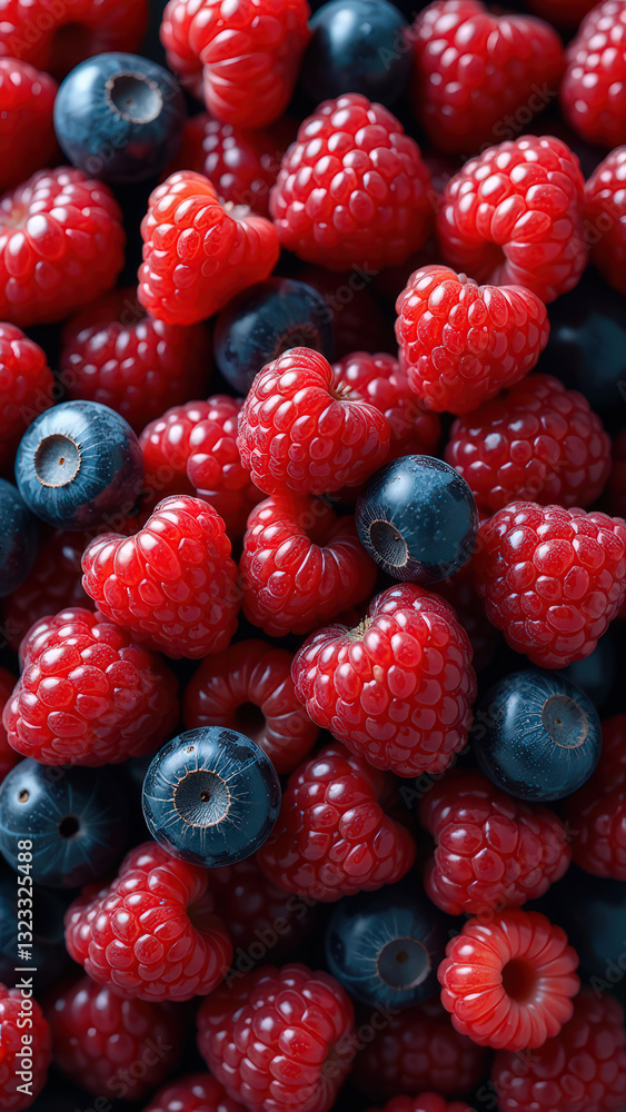 Vibrant fresh berries: raspberries and blueberries close-up. Vertical photo Vibrant fresh berries: raspberries and blueberries close-up. Vertical photo