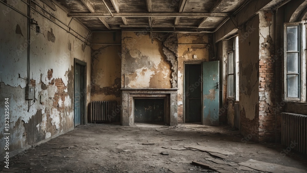 Gritty industrial interior with distressed walls and a cracked floor, featuring peeling paint, weathered windows, and an empty fireplace in muted tones. Gritty industrial interior with distressed walls and a cracked floor, featuring peeling paint, weathered windows, and an empty fireplace in muted tones.