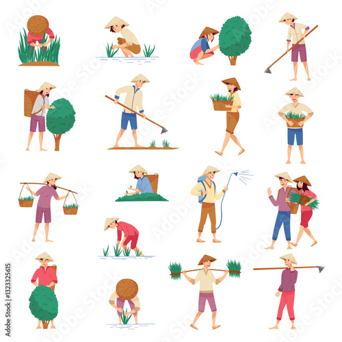 Asian Farmer Man and Woman Character Working on Farm Vector Set