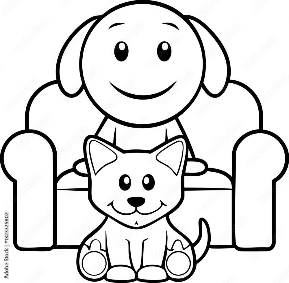 Happy cartoon character with a dog sitting on a couch together. Happy cartoon character with a dog sitting on a couch together.