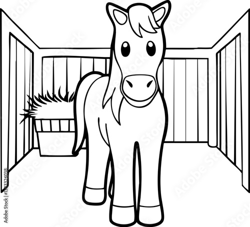 Cute cartoon pony standing in a stable with a haystack in the background.