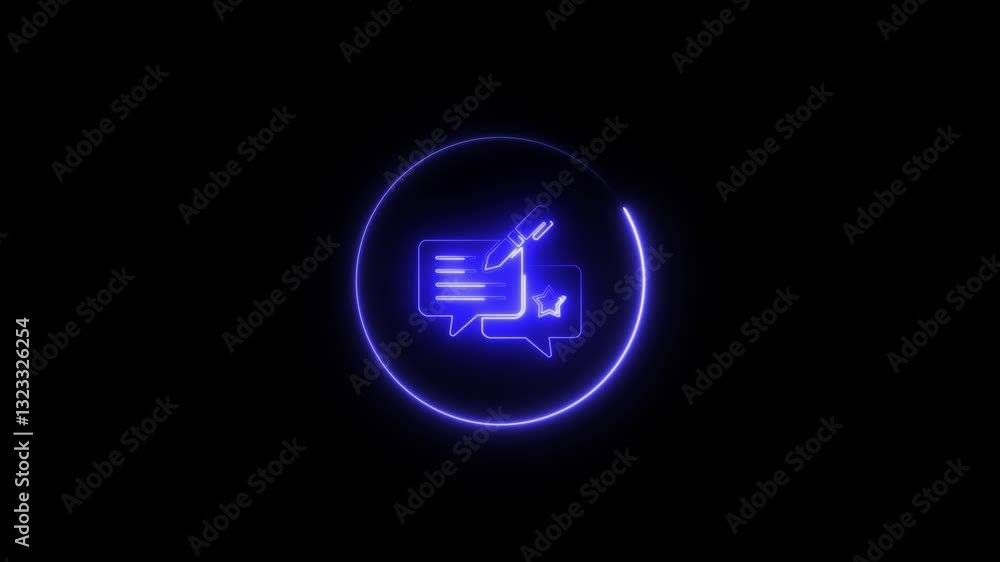 Glowing neon feedback writing icon. comment in blue speech bubbles with pencil isolated on black background.Wishlist Star Icon Element For Design Glowing neon feedback writing icon. comment in blue speech bubbles with pencil isolated on black background.Wishlist Star Icon Element For Design