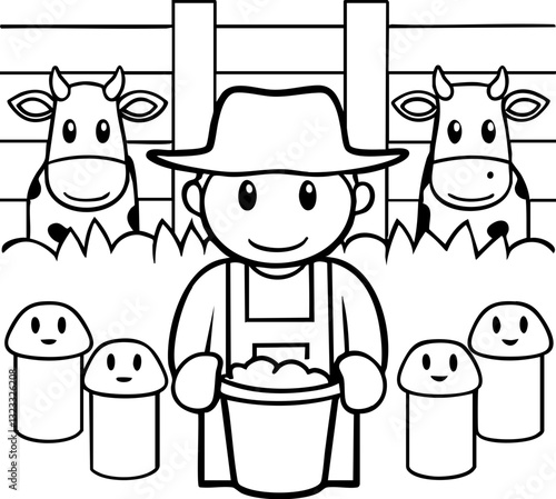 Happy farmer with cows and mushrooms in a cartoon-style illustration.