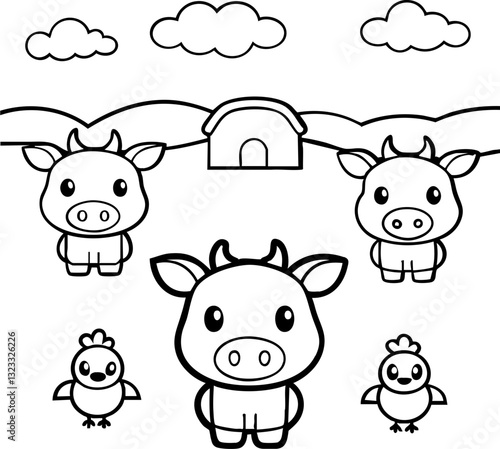 Cute cartoon animals including cows and chickens in a pastoral setting with clouds and a barn.