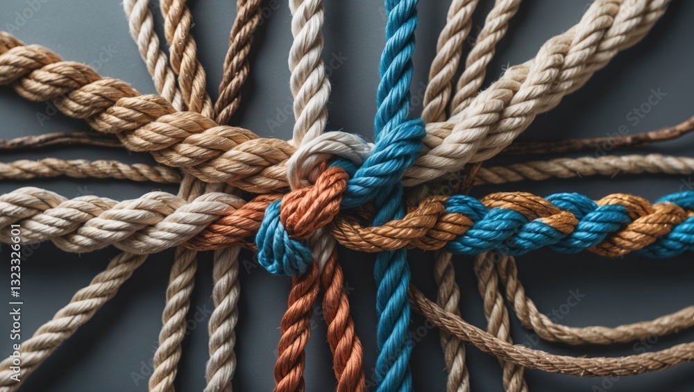 Intertwined ropes in various colors including brown, beige, blue, and orange arranged in a complex, overlapping pattern on a dark background. Intertwined ropes in various colors including brown, beige, blue, and orange arranged in a complex, overlapping pattern on a dark background.