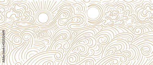 Sun, moon, cloud line. Deep sea, art chinese wave