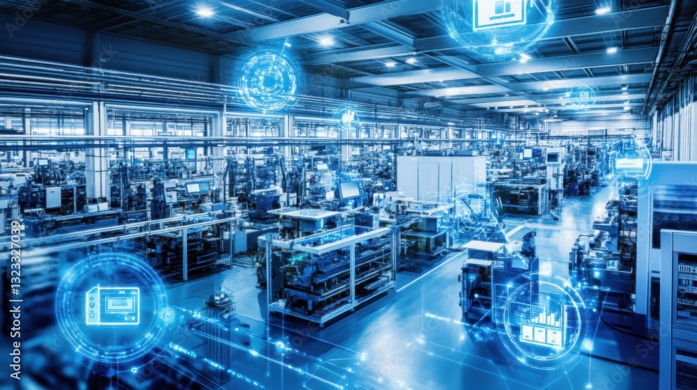 A futuristic manufacturing facility with IoT-enabled devices monitoring production performance A futuristic manufacturing facility with IoT-enabled devices monitoring production performance