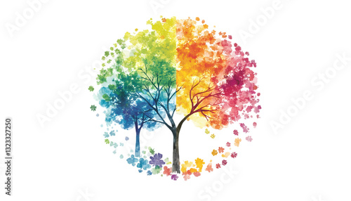 Rainbow Tree Colorful Art Nature Watercolor on transparent background