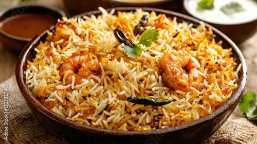 Delicious shrimp biryani recipe indian cuisine food photography rustic setting close-up view culinary art