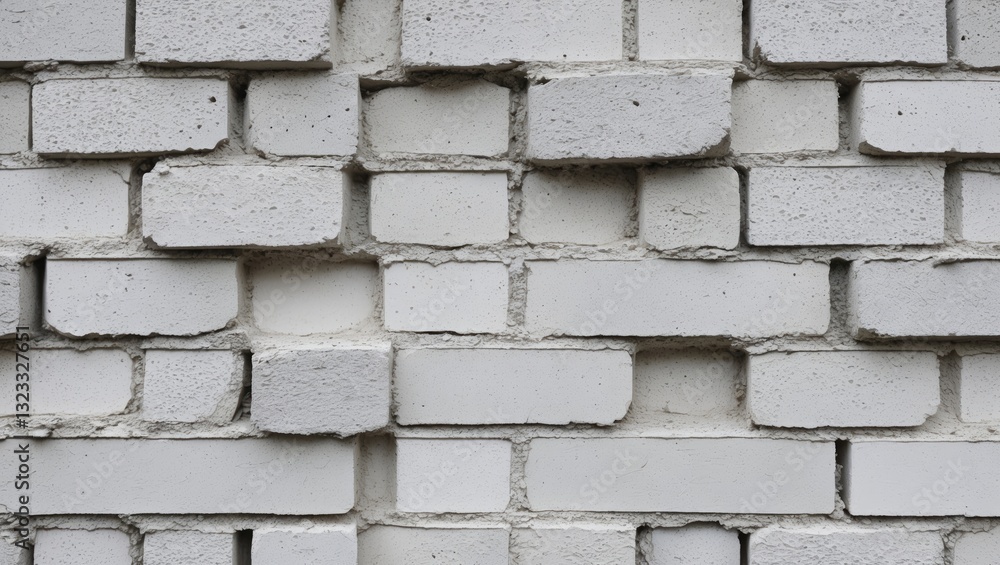 Fototapeta premium Textured background of a white cement block wall with varying shades of white and gray, featuring an uneven surface and unique brick patterns.